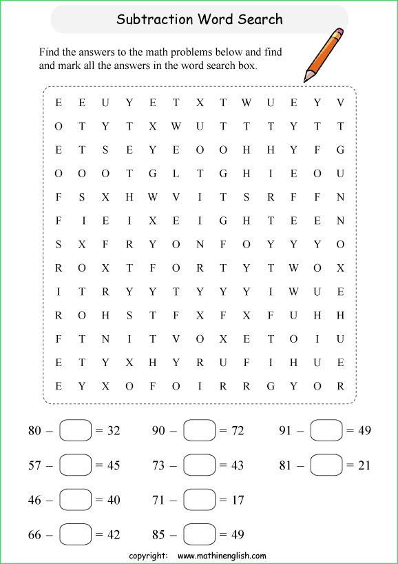 printable subtraction word search puzzles for kids