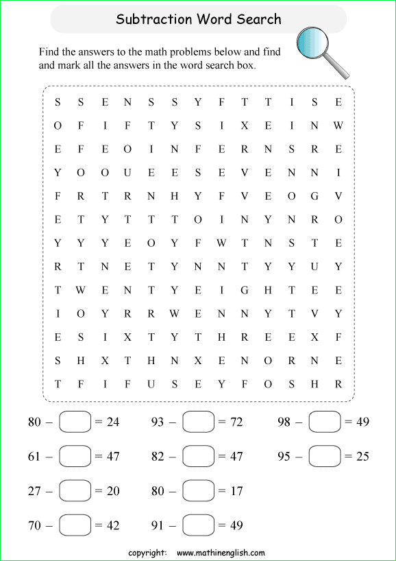 printable subtraction word search puzzles for kids