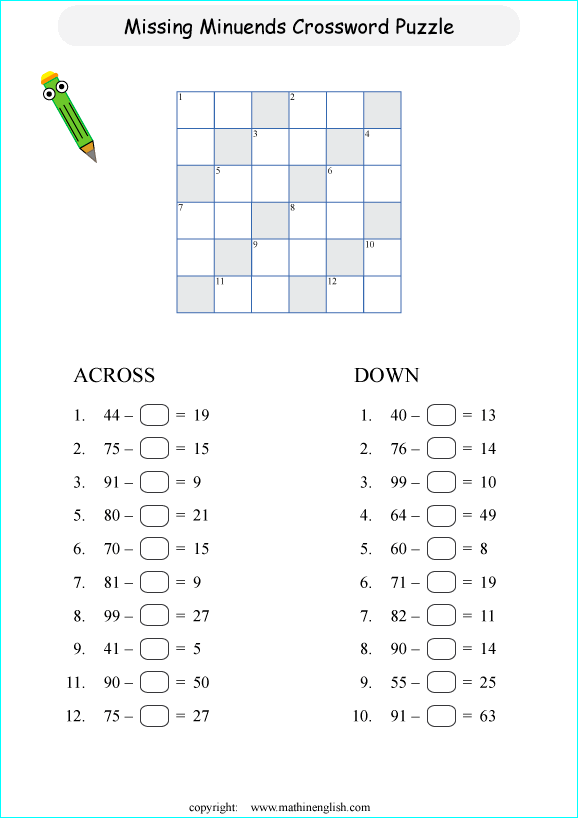 printable math crossword subtraction within 100 puzzle for kids