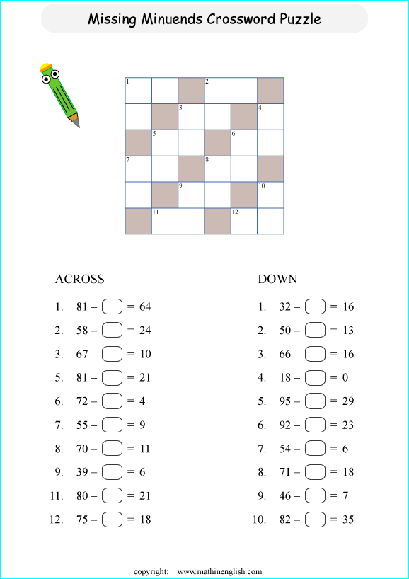 printable math crossword subtraction within 100 puzzle for kids