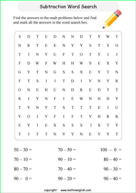 printable subtraction word search puzzles for kids