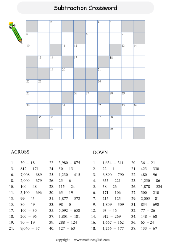 printable math crossword subtraction within 10,000 puzzle for kids