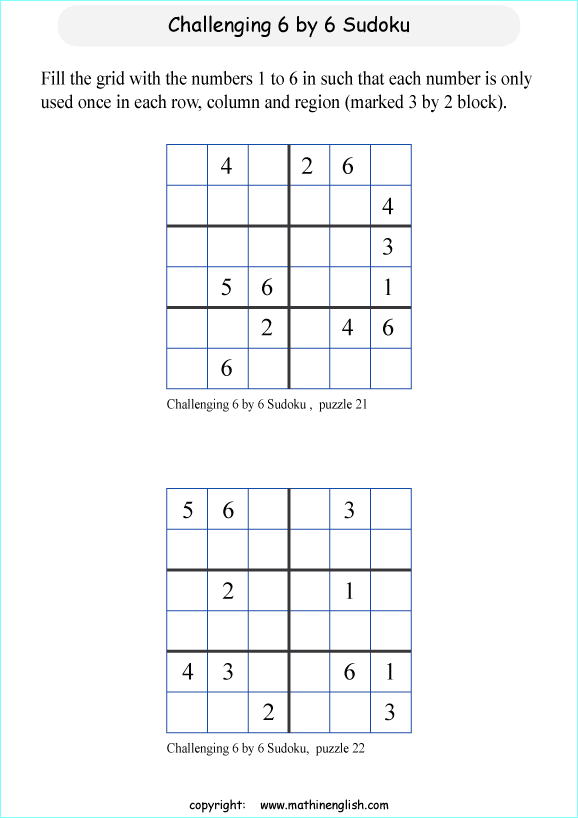 challenging 6 by 6 sudoky puzzle for kids