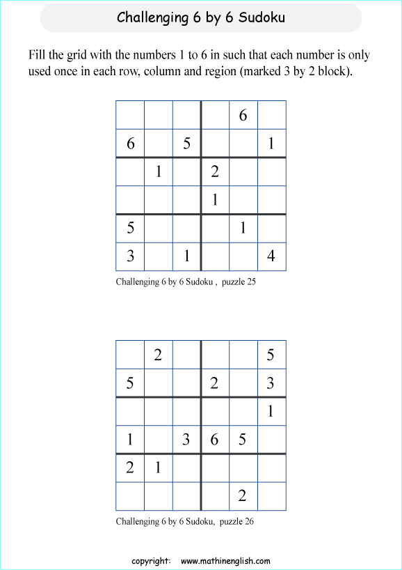 challenging 6 by 6 sudoky puzzle for kids