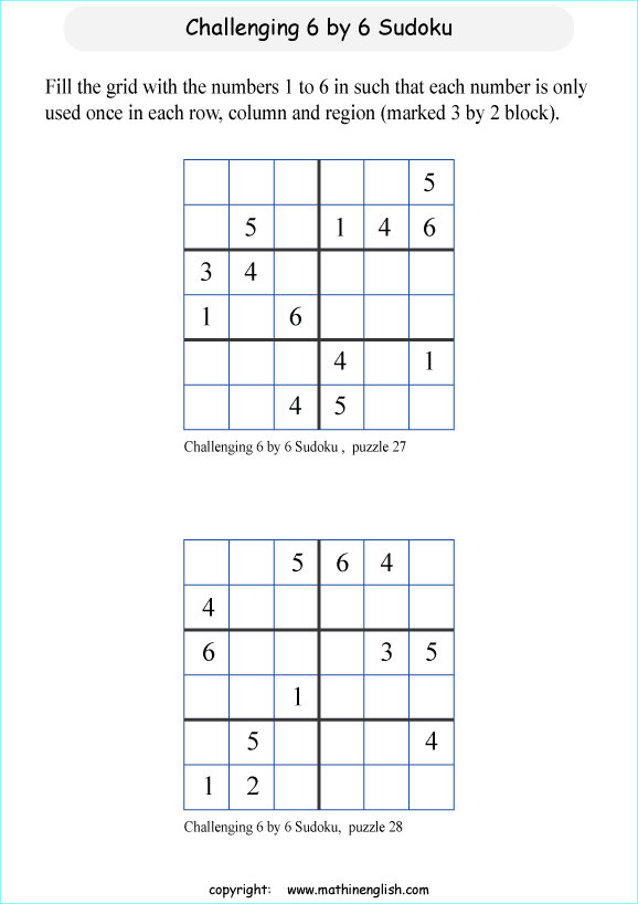 challenging 6 by 6 sudoky puzzle for kids