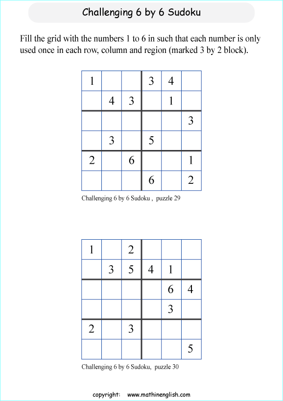 challenging 6 by 6 sudoky puzzle for kids