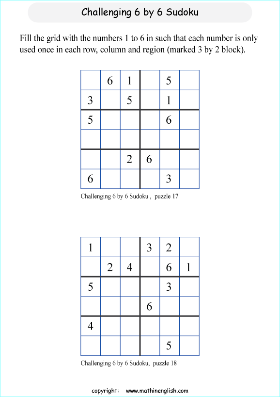 challenging 6 by 6 sudoky puzzle for kids