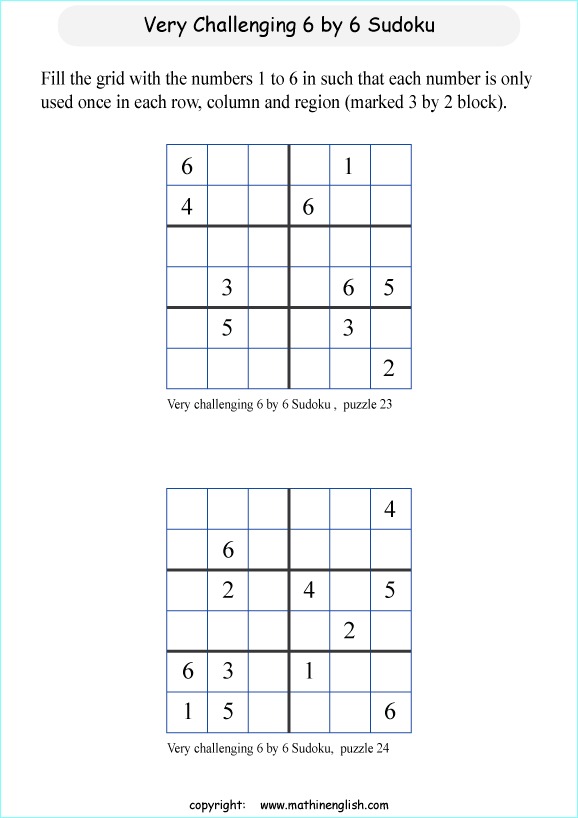 difficult 6 by 6 sudoky puzzle for kids