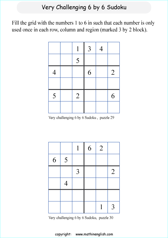 difficult 6 by 6 sudoky puzzle for kids