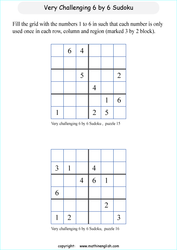 difficult 6 by 6 sudoky puzzle for kids