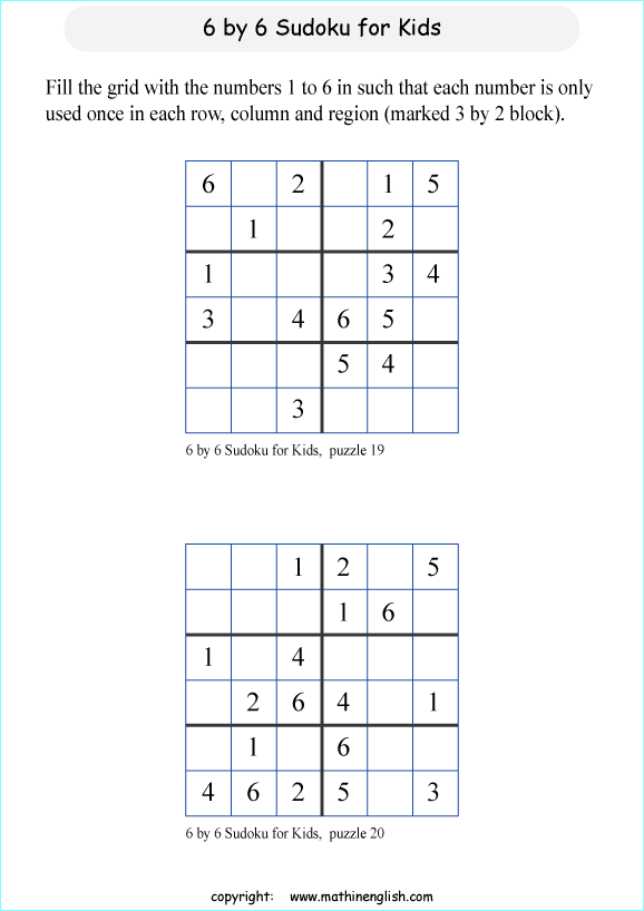 printable 6 by 6 sudoky puzzle for kids