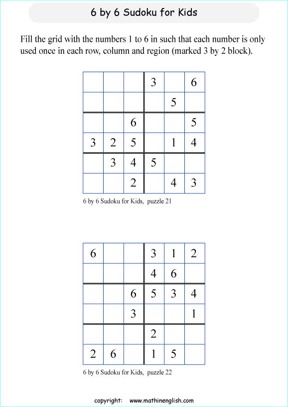 printable 6 by 6 sudoky puzzle for kids