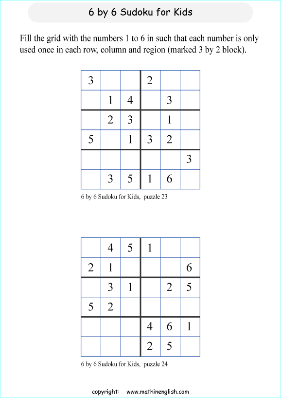 printable 6 by 6 sudoky puzzle for kids