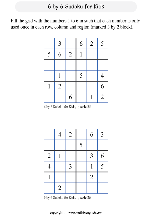 printable 6 by 6 sudoky puzzle for kids