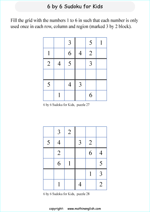 printable 6 by 6 sudoky puzzle for kids