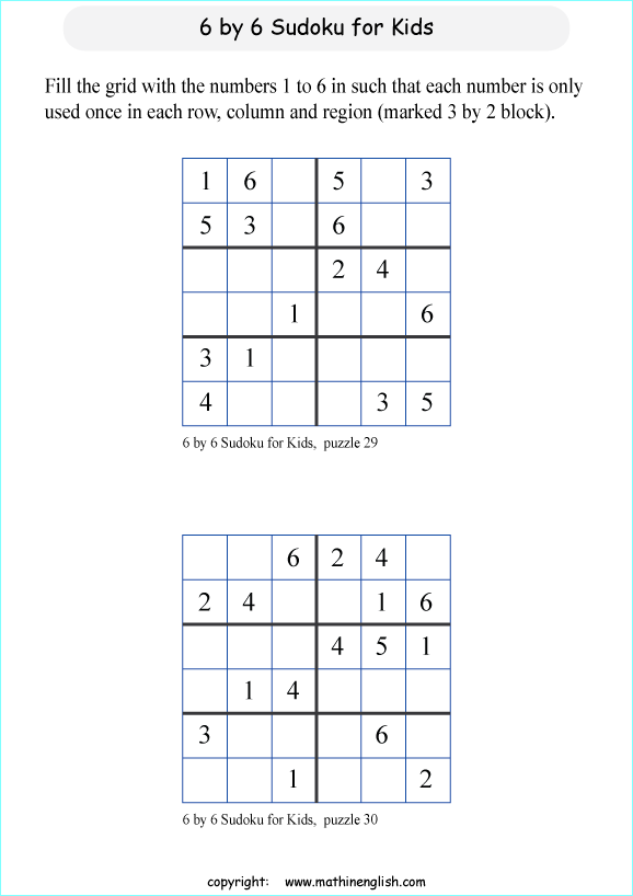 printable 6 by 6 sudoky puzzle for kids