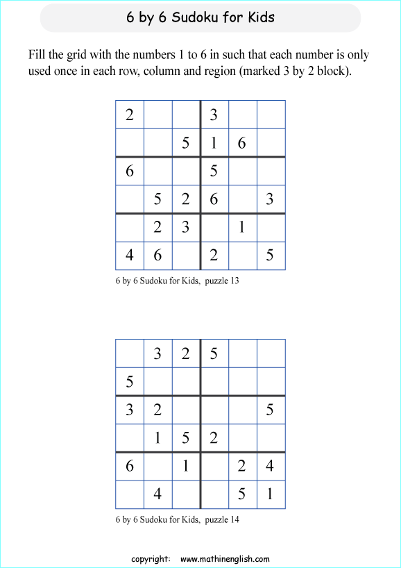 printable 6 by 6 sudoky puzzle for kids