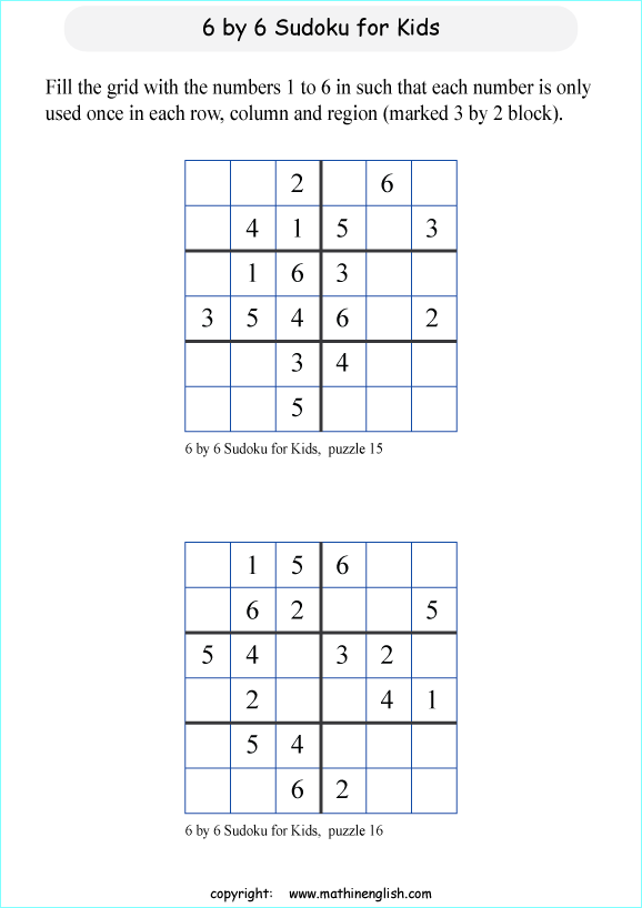 printable 6 by 6 sudoky puzzle for kids