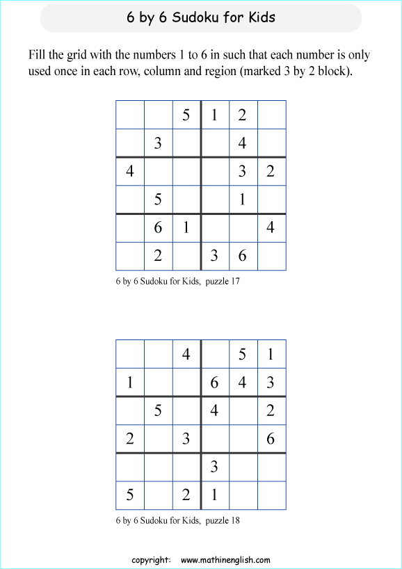 printable 6 by 6 sudoky puzzle for kids