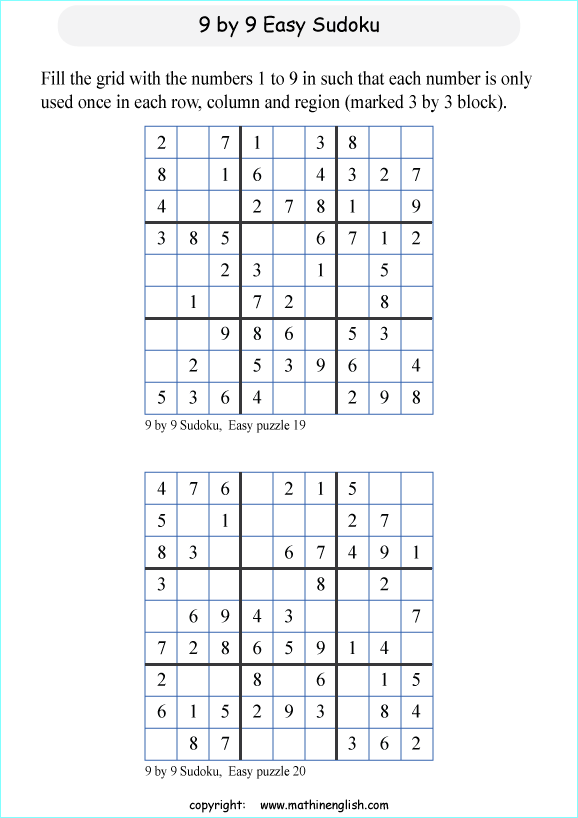 9 by 9 printable sudoky puzzle for kids