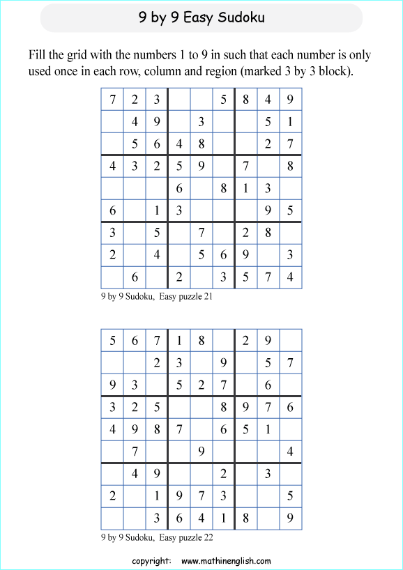 9 by 9 printable sudoky puzzle for kids