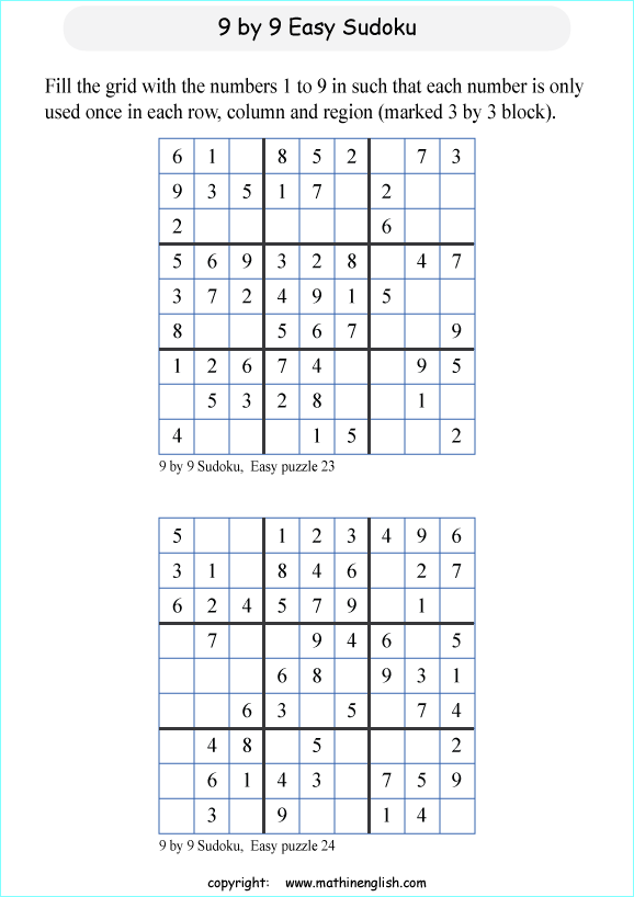 9 by 9 printable sudoky puzzle for kids