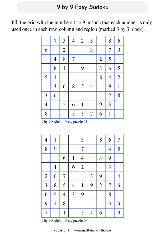 9 by 9 printable sudoky puzzle for kids