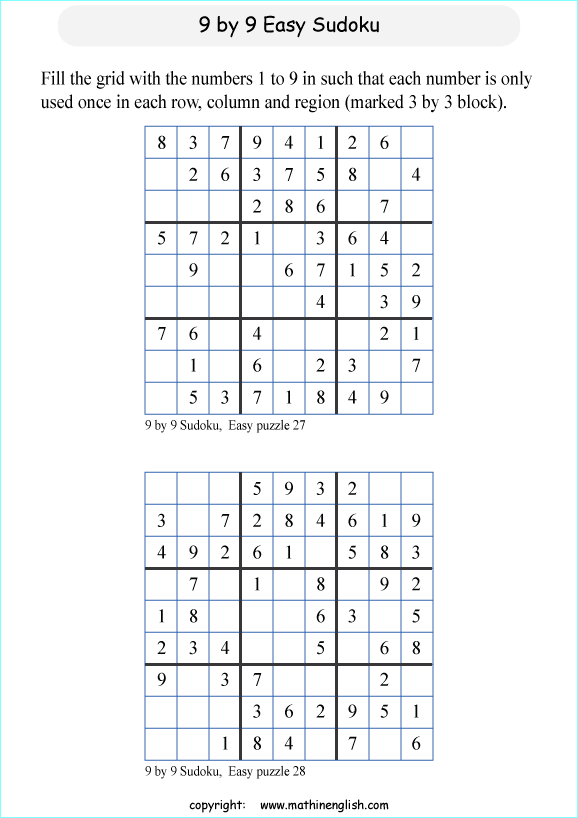 9 by 9 printable sudoky puzzle for kids