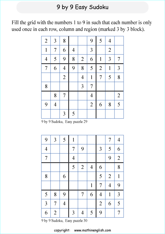 9 by 9 printable sudoky puzzle for kids