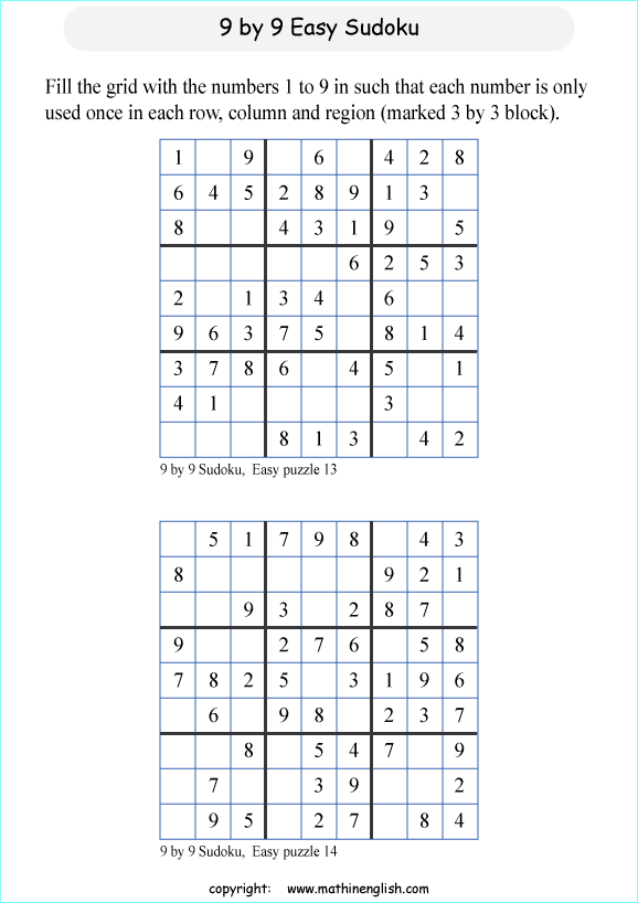 9 by 9 printable sudoky puzzle for kids