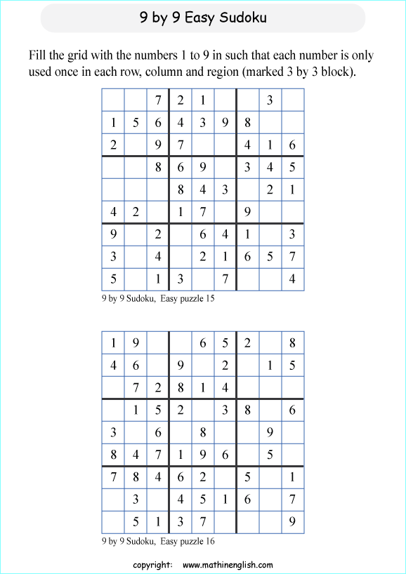 9 by 9 printable sudoky puzzle for kids