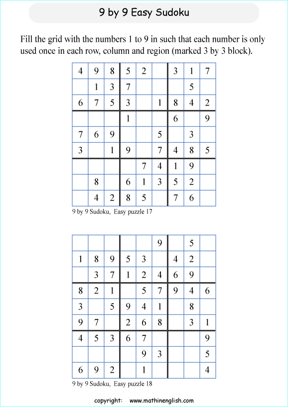 9 by 9 printable sudoky puzzle for kids