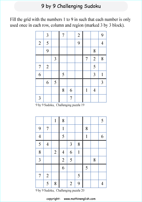 challenging 9 by 9 printable sudoky puzzle for kids