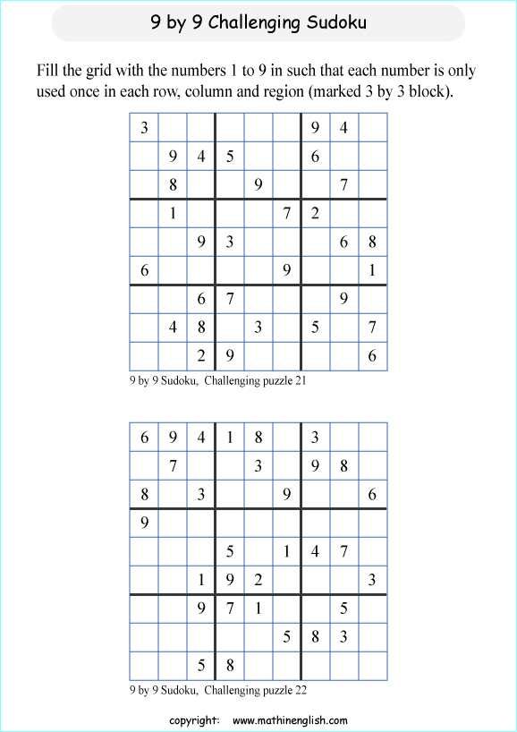 challenging 9 by 9 printable sudoky puzzle for kids