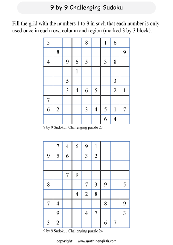 challenging 9 by 9 printable sudoky puzzle for kids