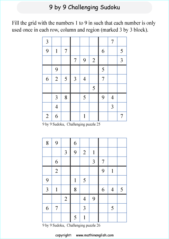 challenging 9 by 9 printable sudoky puzzle for kids