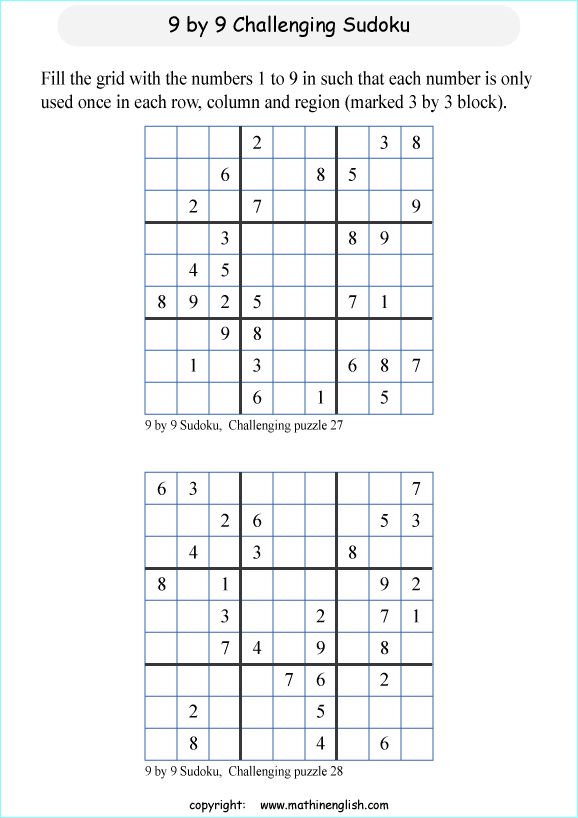 challenging 9 by 9 printable sudoky puzzle for kids