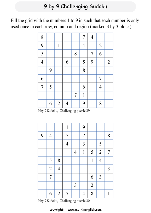 challenging 9 by 9 printable sudoky puzzle for kids