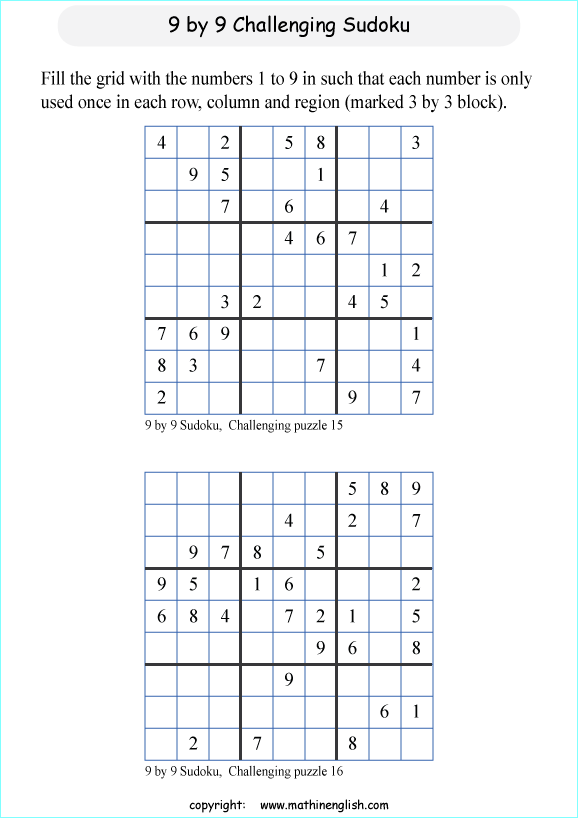 challenging 9 by 9 printable sudoky puzzle for kids