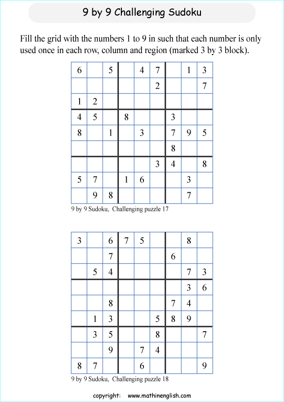 challenging 9 by 9 printable sudoky puzzle for kids