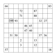 printable 10 by 10 Numbrix IQ number puzzle for kids