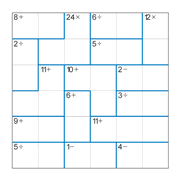 printable 6 by 6 mathdoku math operations puzzle for kids and math students