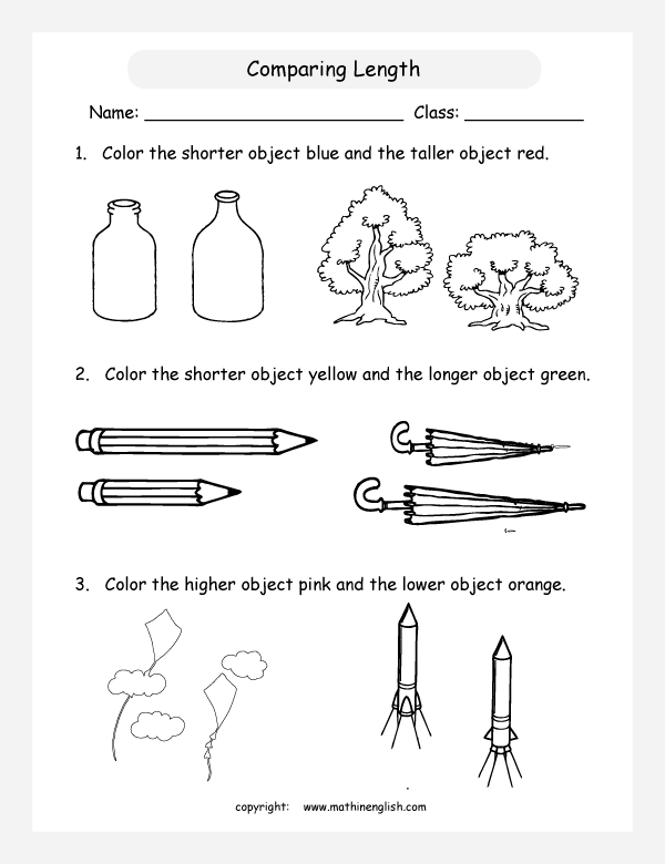 comparing length worksheets for primary math  