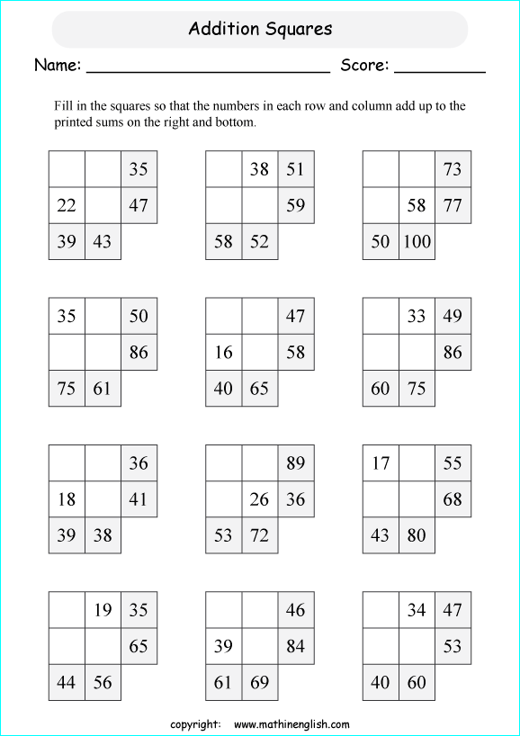 printable math addition squares worksheets