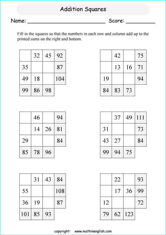 printable math addition squares worksheets