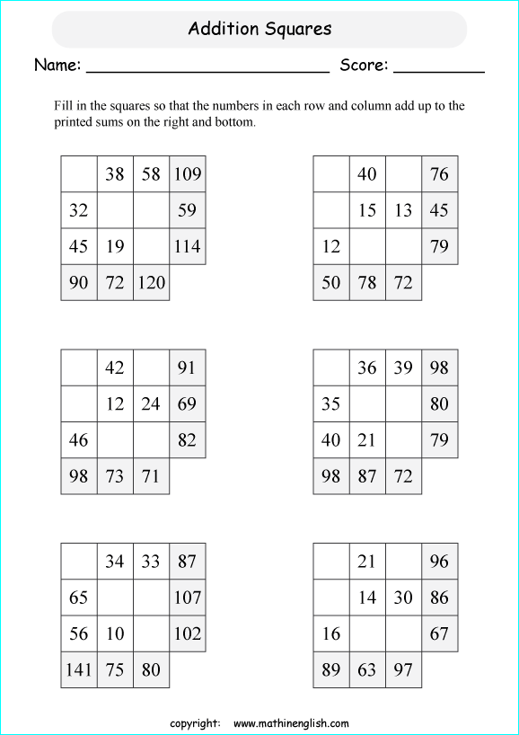 printable math addition squares worksheets