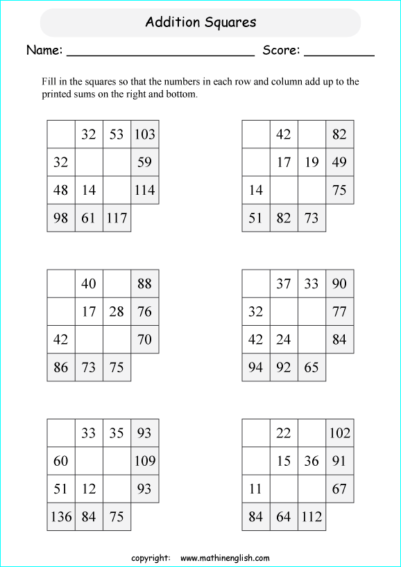 printable math addition squares worksheets