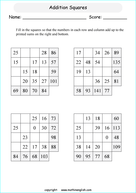 printable math addition squares worksheets