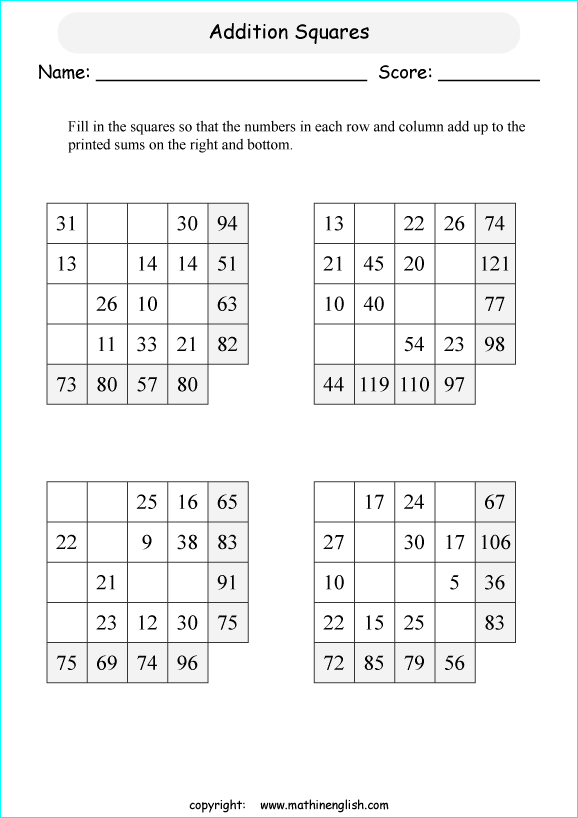 printable math addition squares worksheets