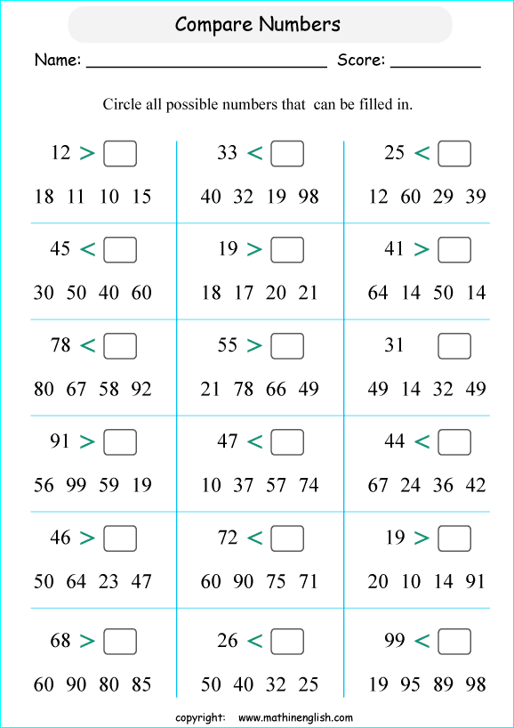 printable math comparing and ordering up to 100 worksheets for kids in primary and elementary math class 